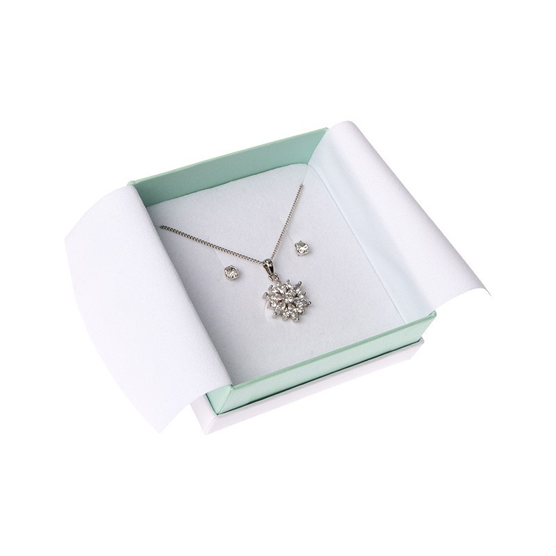 Caja de cartón blanca y aguamarina para colgante o conjunto de joyería, bisutería y joyas 87x87x38 Mm. SA-61-AQ Caja de cartón blanca y aguamarina para colgante o conjunto de joyería, bisutería y joyas 87x87x38 Mm. SA-61-AQ