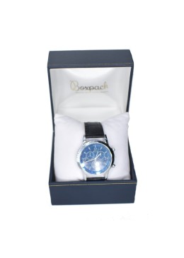 Blue leatherette watch case, 90x90x75 mm. J-18-RA